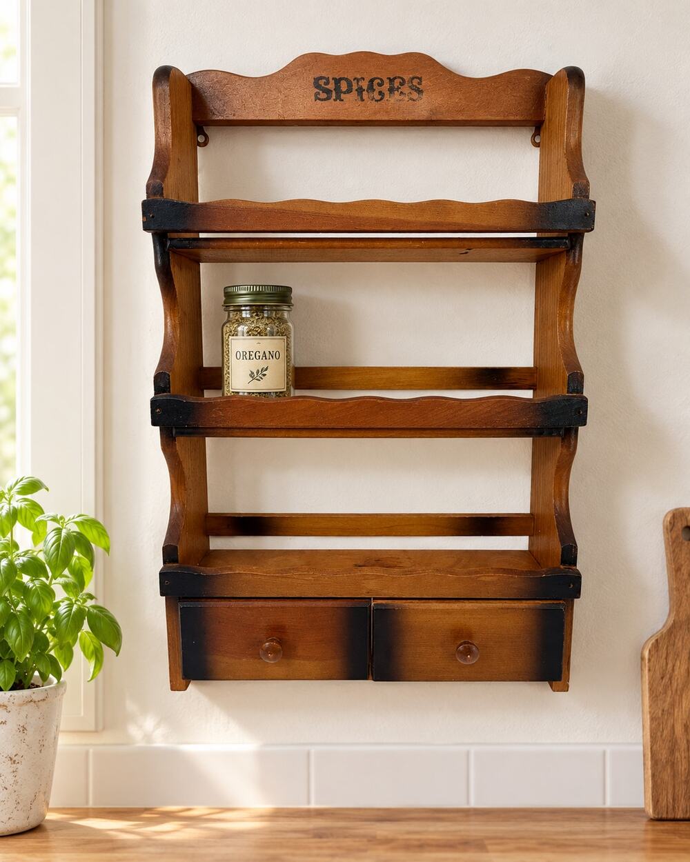 Vintage Wooden Wall Spice Rack Organizer 2 Drawers Labels Rustic Kitchen Decor